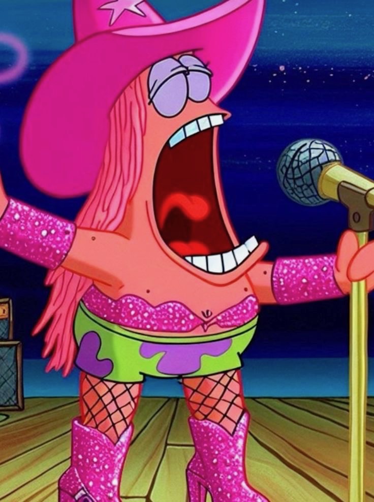 Patrick Star from SpongeBob in a pink cowboy outfit singing karaoke